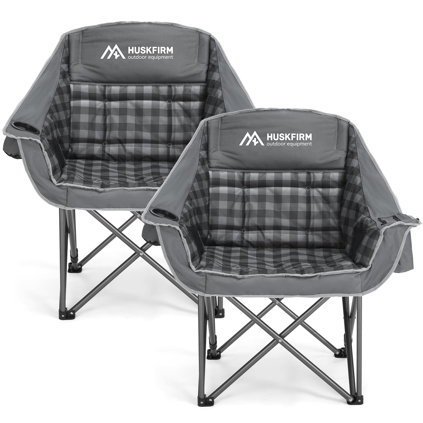 Huskfirm 2 Pack Camping Chairs Oversized Padded Camping Chair Heavy-Duty Foldable Camping Chairs with Cup Holder and Cooler Bag Portable Lawn Chair for Sports Outdoors-Support 450LBS, Grey