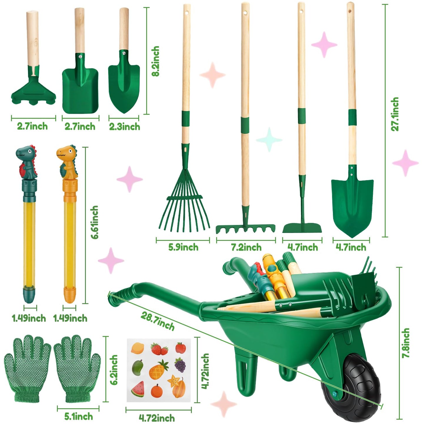 Dutywand Kids Gardening Tools Set with Wheelbarrow, Wooden & Metal Outdoor Gardening Toys for Summer Outdoor Yard Digging & Weeding, Easter Birthday Gifts for Boys Girls Age 3+ Years (Green)