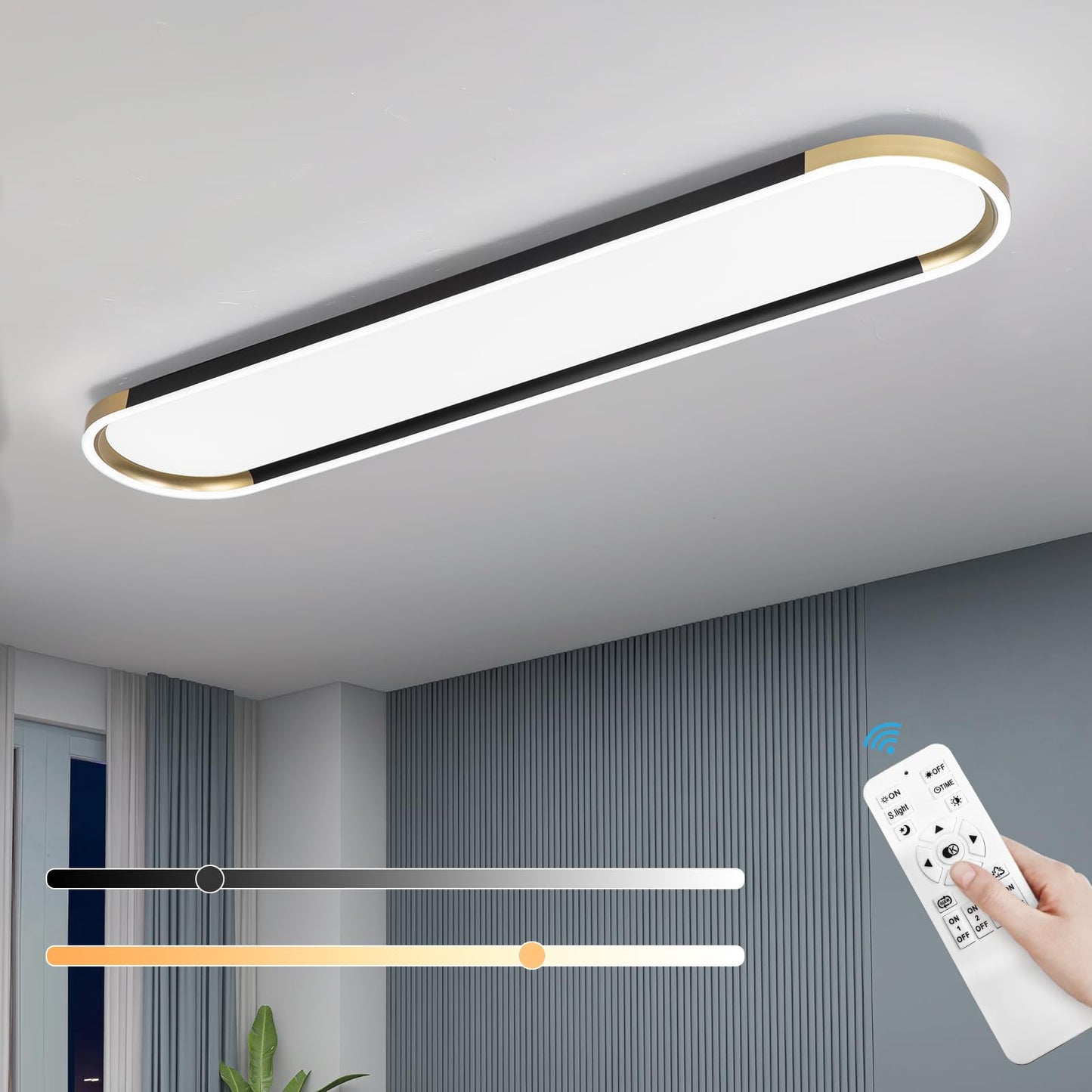 ADISUN Modern LED Ceiling Light Dimmable Linear Ceiling Light 39.4in Semi Flush Mount Long Lights with Remote Control and Down Lighting for Living Room Kitchen Dining Room Black & Gold