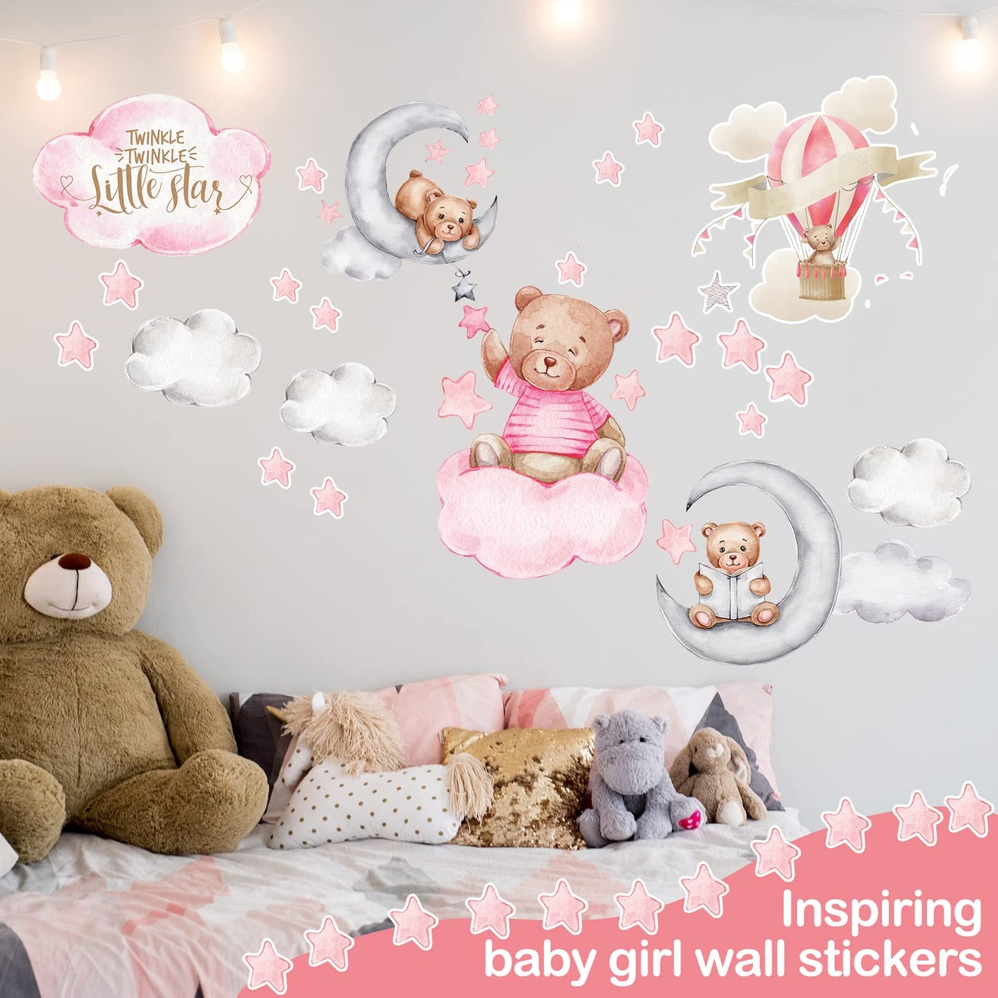 Yinder Pink Bear Wall Decals (12 Sheets, 78 Pcs) - Highland Cow, Clouds, Balloon Decor for Kids Nursery Room, Bedroom, Living Room, Classroom Decor