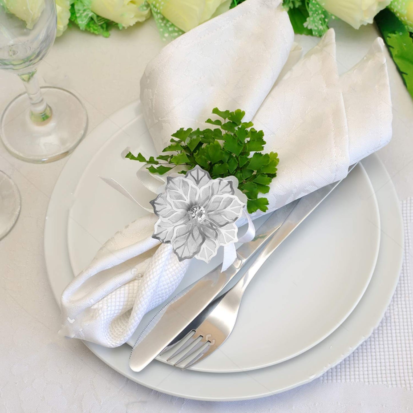 Picowe Set of 12 Alloy Napkin Rings with Hollow Out Flower Napkin Ring Holders for Wedding Party Holiday Banquet Christmas Dinner Delicate Serviette Buckles Decor Favor (Silver)