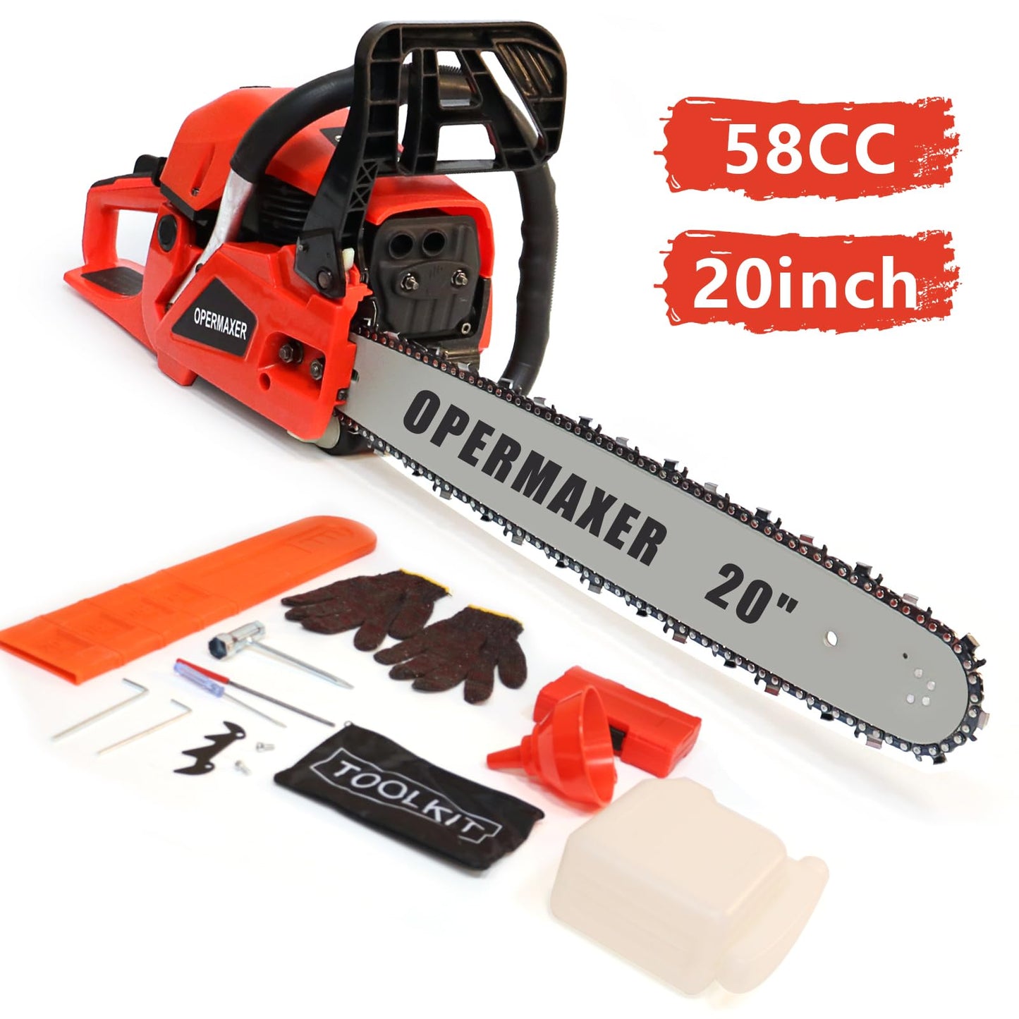 OPERMAXER 58CC 20 Inch 2-Cycle Gas Chainsaw, 12500r/min 3.8 HP Gas Power Chainsaws Handheld Cordless Petrol Chain Saw, Protective Design for Wood Cutting Garden Farm Home(Red)