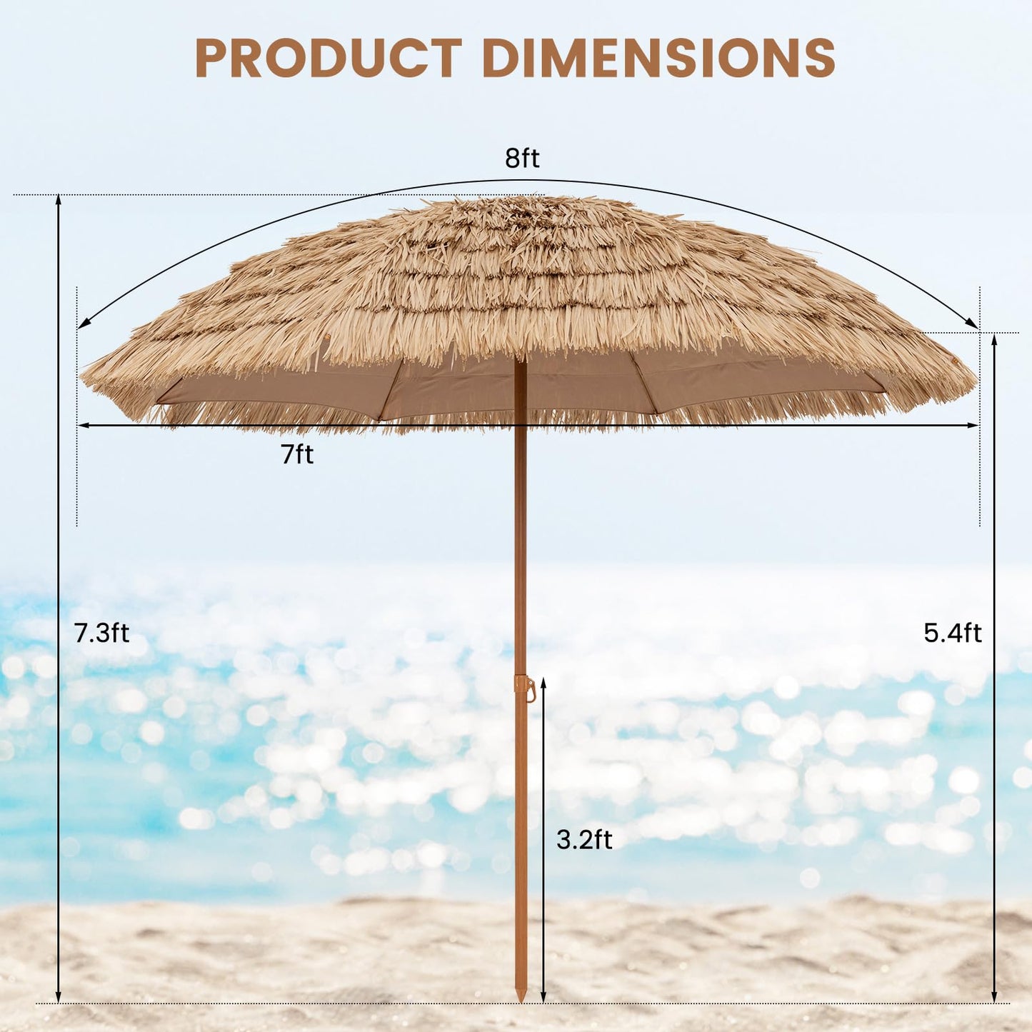 Tangkula 8Ft Tiki Patio Umbrella, UPF50+ Hawaiian Style Outdoor PE Grass Umbrella with 8 Ribs, Portable Thatched Beach Umbrella for Garden, Yard, Poolside