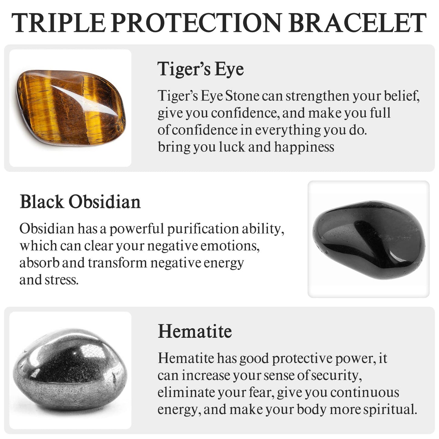 Denchy Triple Protection Bracelet, Tigers Eye - Black Obsidian and Hematite Beaded Bracelets for Men Women, Tourmaline Spiritual Natural Crystal Stone Luck Bracelet, Birthday Mother's Day Gift (8mm)