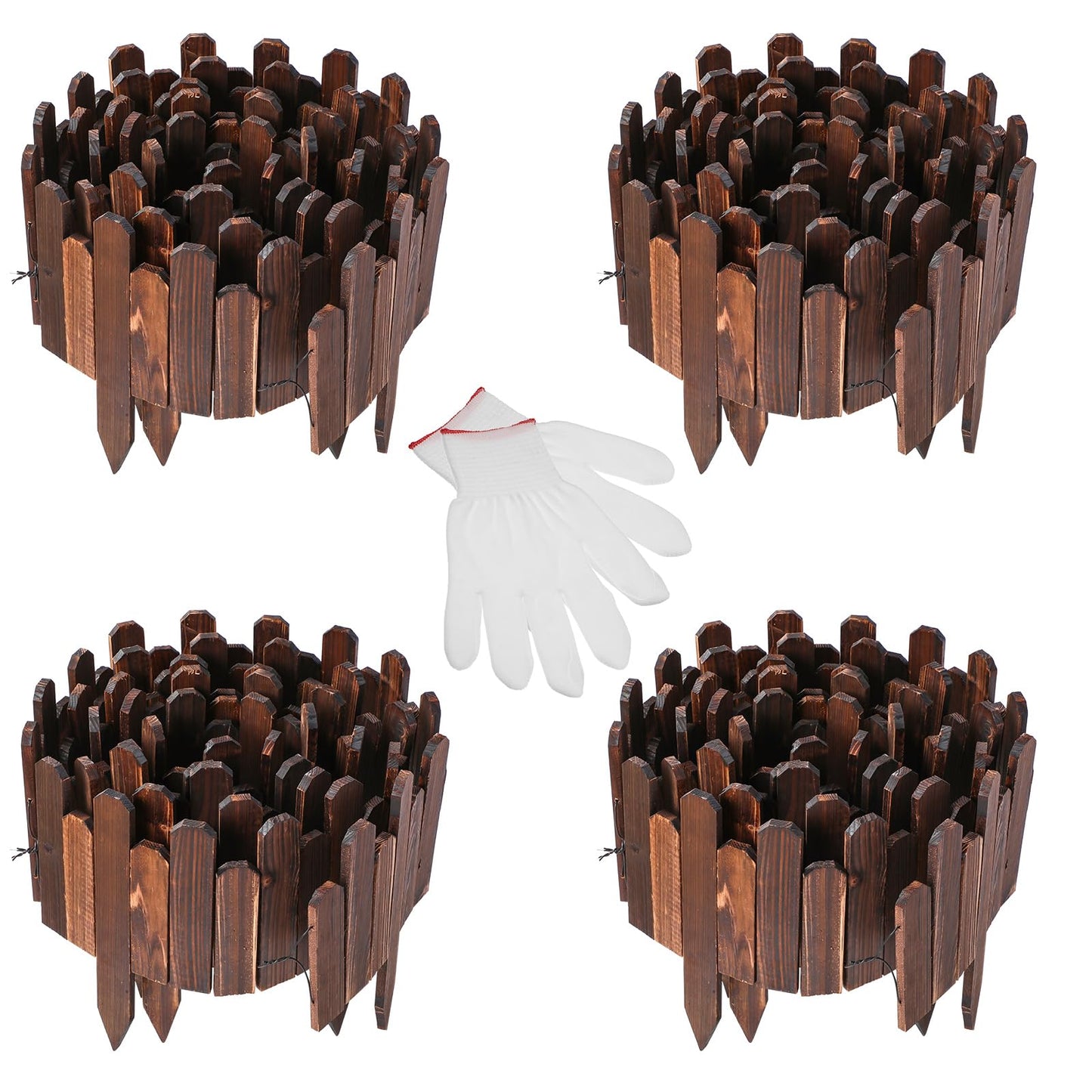 Soaoo 4 Pack Wood Garden Edging Border Outdoor Flexible Landscape Border Fence Decorative Lawn Edging with Gloves for Flower Bed Pathway Garden Yard (16 ft)