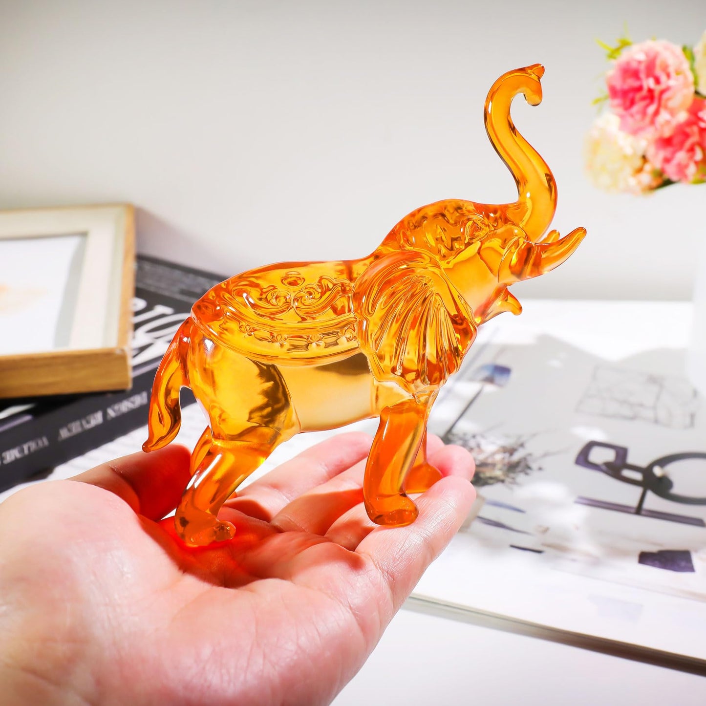 YWHL Amber Crystal Elephant Figurine Gifts for Women, Handmade Glass Statue Decor Gift for Elephant Lovers, Art Crystal Animals Figurines Collectible for Home Decoration