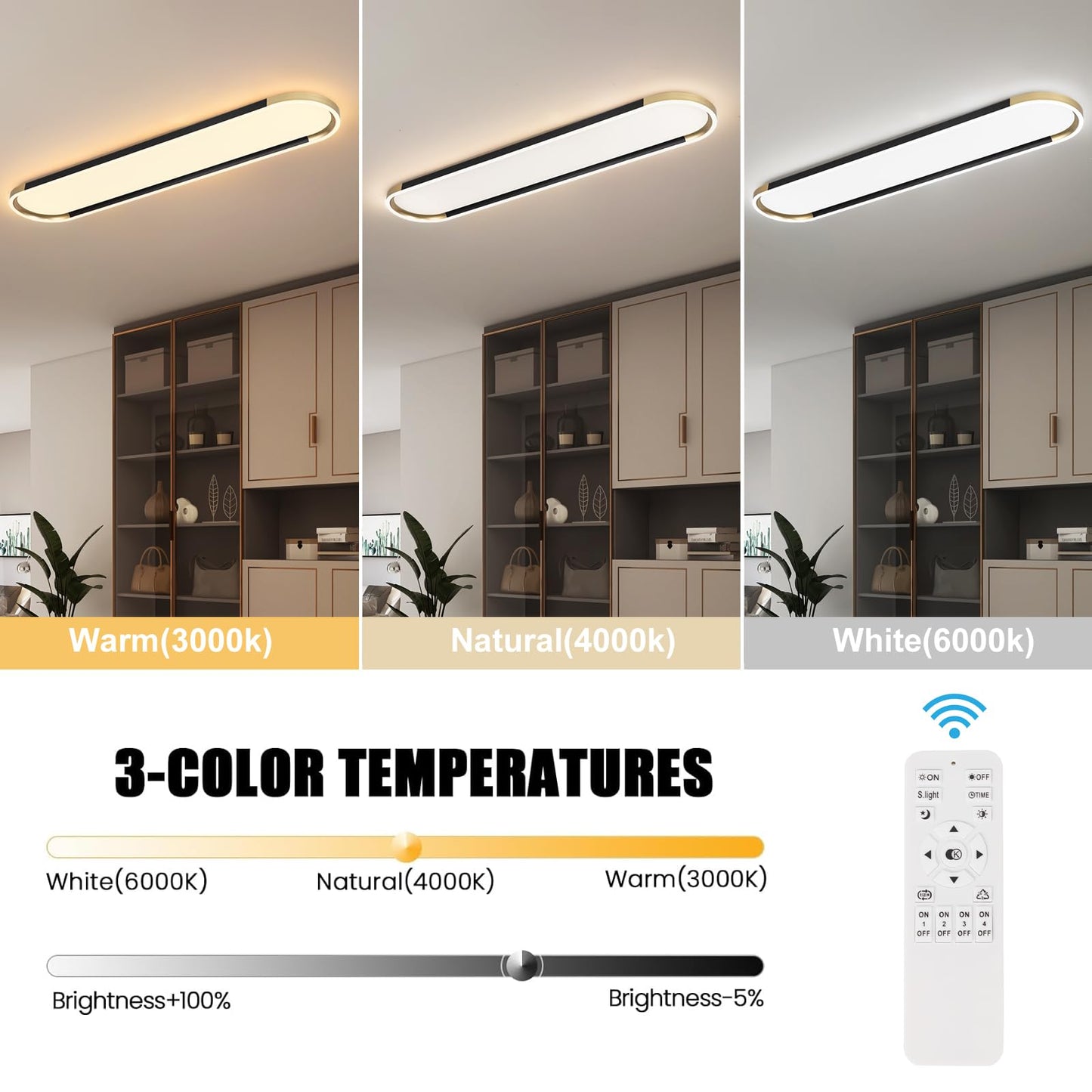 ADISUN Modern LED Ceiling Light Dimmable Linear Ceiling Light 39.4in Semi Flush Mount Long Lights with Remote Control and Down Lighting for Living Room Kitchen Dining Room Black & Gold