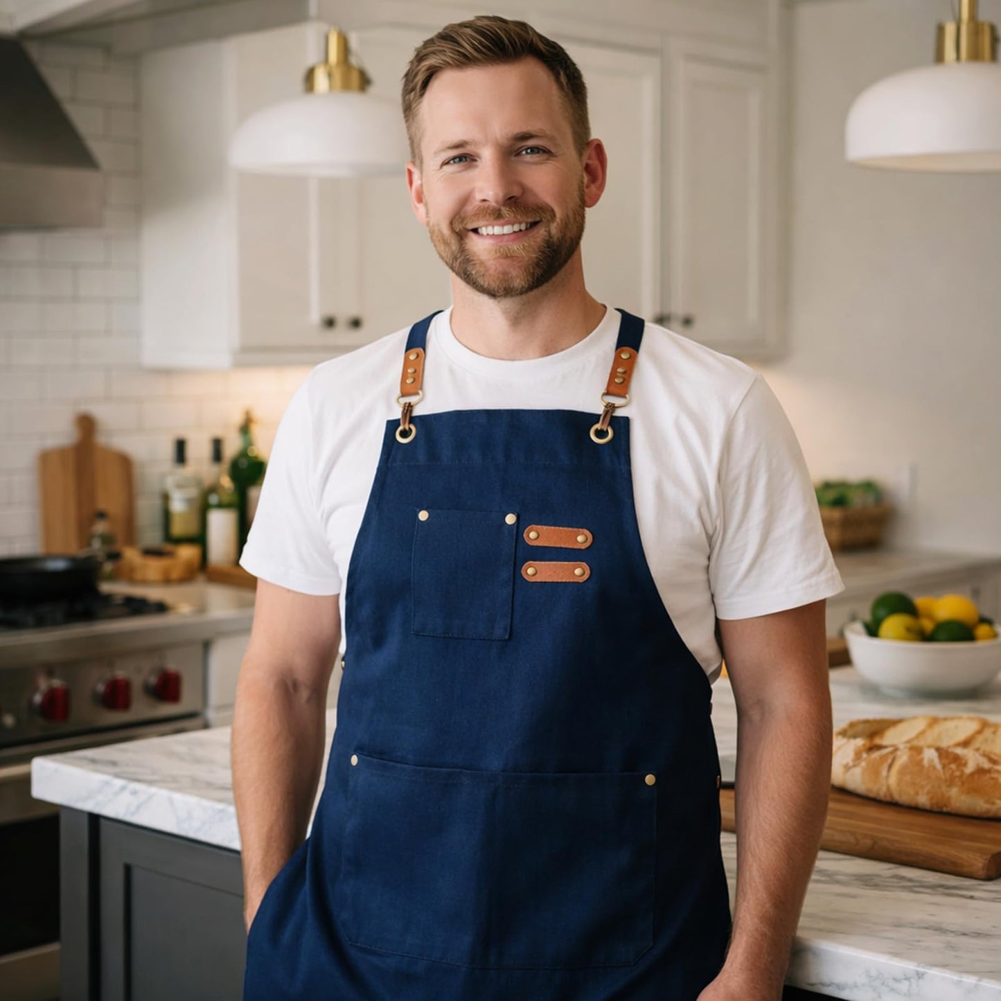 ARBINSON Chef Aprons for Men Canvas Apron with Large Pockets and Adjustable Neck Strap for Cooking, BBQ, Gardening (Blue)