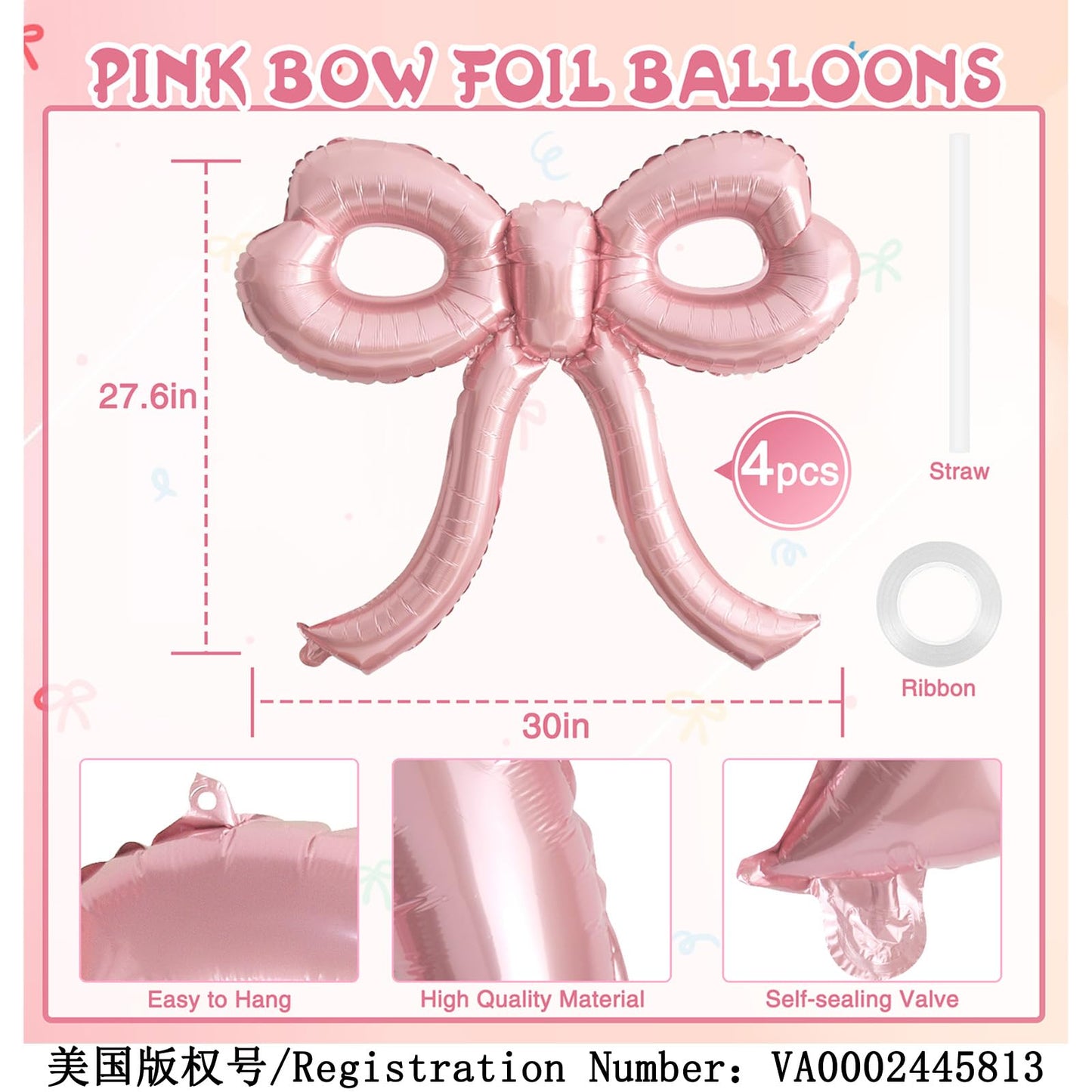 4 Pcs Pink Bow Balloons Bow Party Decorations for Girl Women Pink Bow Birthday Decorations Giant Foil Balloon for Baby Shower Bridal Engagement Wedding Decor Bachelorette Party Supplies