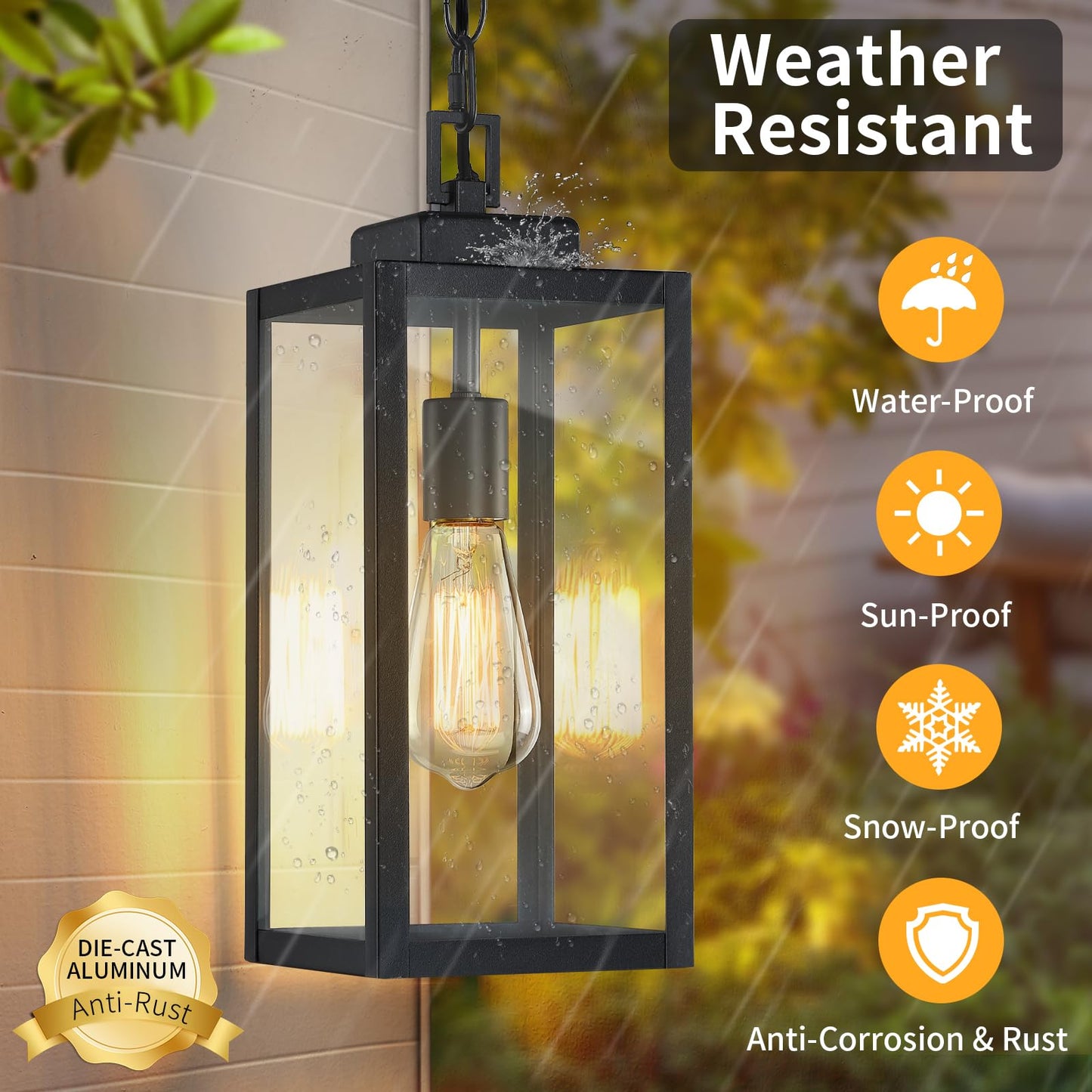 15'' Outdoor Pendant Light, Modern Outside Chandelier Outdoor Hanging Lantern Light, Matte Black with Clear Glass, Exterior Pendant Lighting Fixture Ceiling Mount for Porch, Entryway, Gazebo, 1Pack
