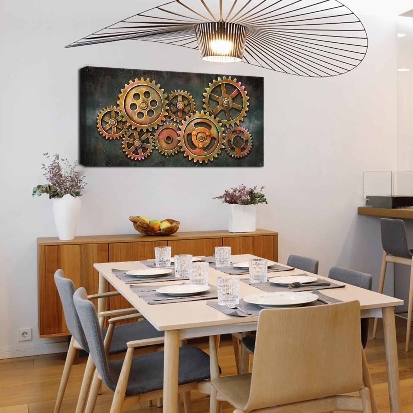 iHAPPYWALL Large Abstract Gear Wheel Canvas Wall Art Industrial Steampunk Mechanical Teamwork Gift for Bedroom Home Office Cafe Bar Decor Ready to Hang 24x48inch