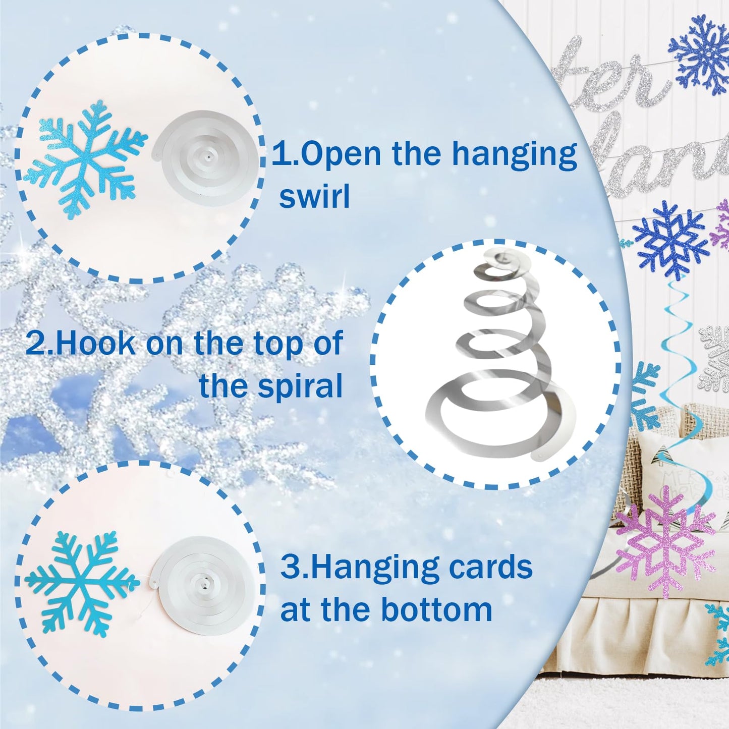 28pcs Winter Snowflake Hanging Swirls Decorations, Winter Wonderland Decorations Snowflake Hanging Swirls Decoration Glittery Ornament Banner for Winter Frozen Baby Shower Party Home Decorations