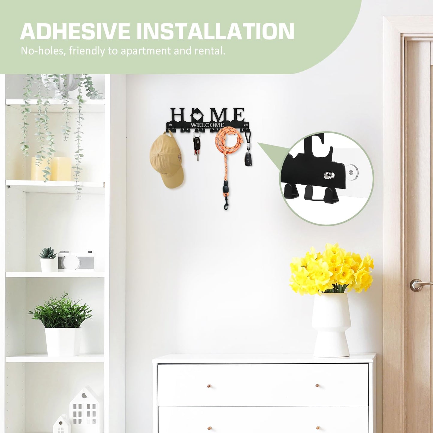 HOMEBROS Key Holder Wall Mount, Adhesive Metal Key Hanger with 6 Double Hooks, 2 Installation Methods, Black