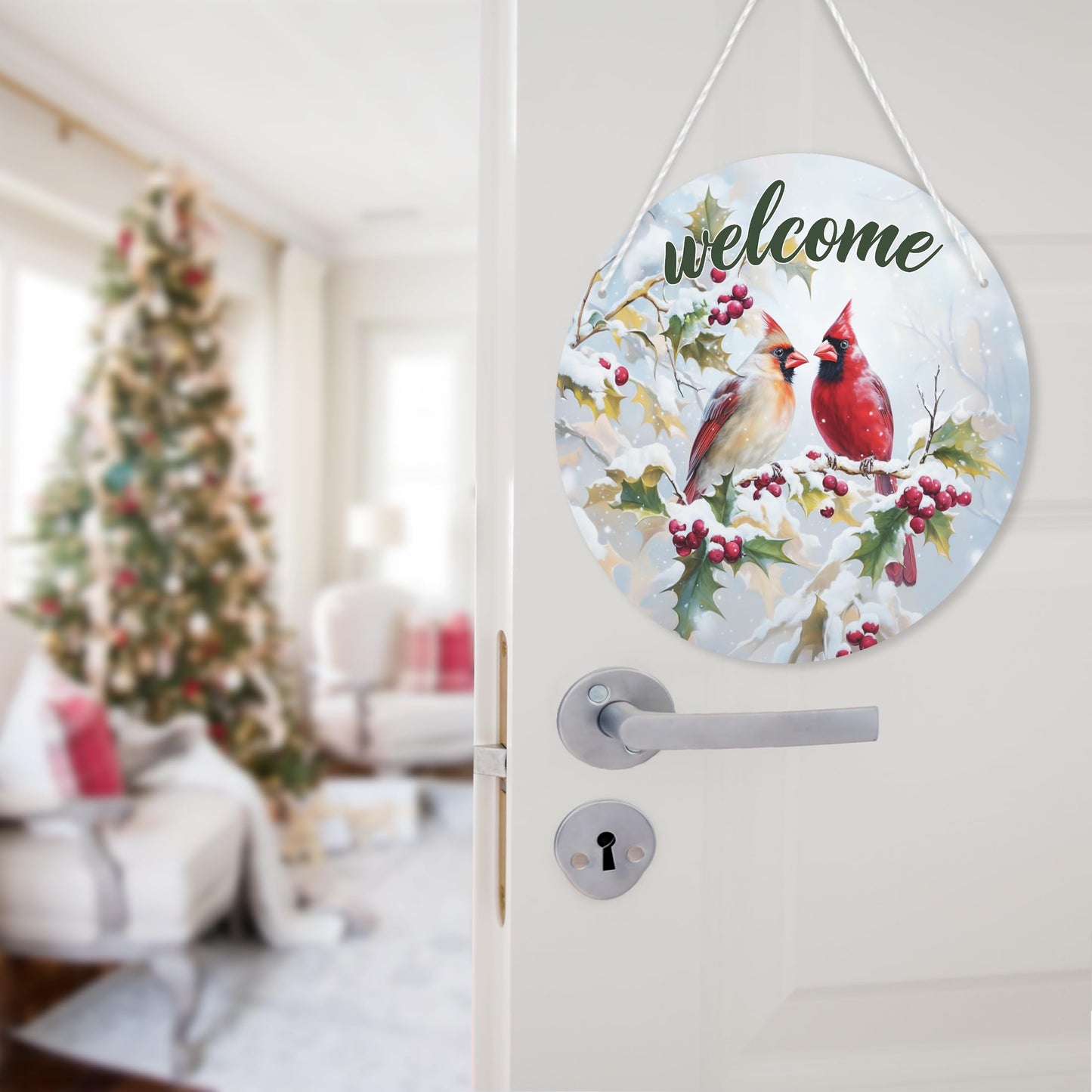 1 Pcs Winter Welcome Cardinal Bird Front Door Sign, Christmas Cardinal Bird Round Hanging Sign, Twig Berry Snow Outdoor Porch Home Wall Patio Garden Farmhouse Holiday Decor, 11 x 11 inches