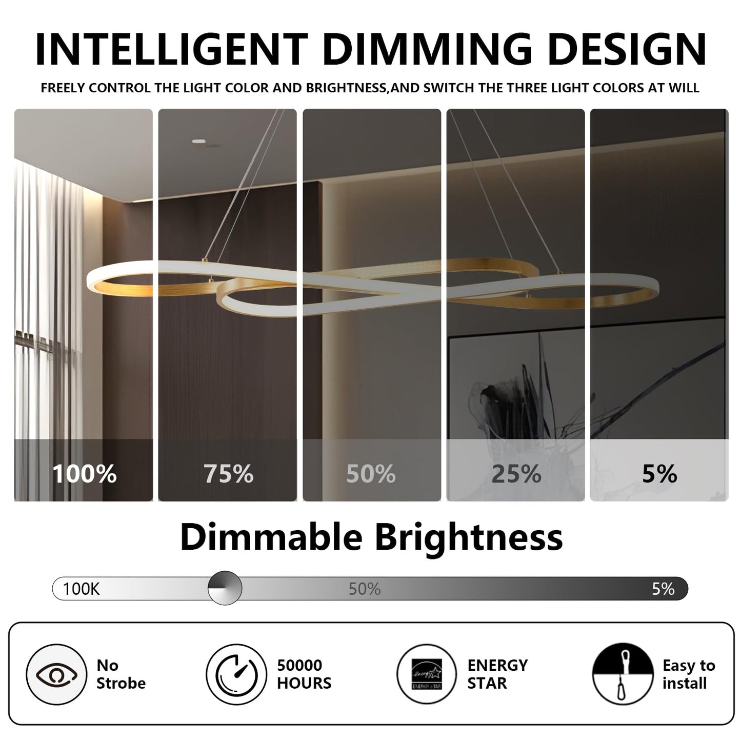 Gold Led Chandelier for Kitchen Island Lighting,Dimmable Modern Chandelier for Dining Room, L39.4" Modern Led Pendant Light Fixture Height Adjustable Brushed Gold Dining Room Light Fixture Over Table