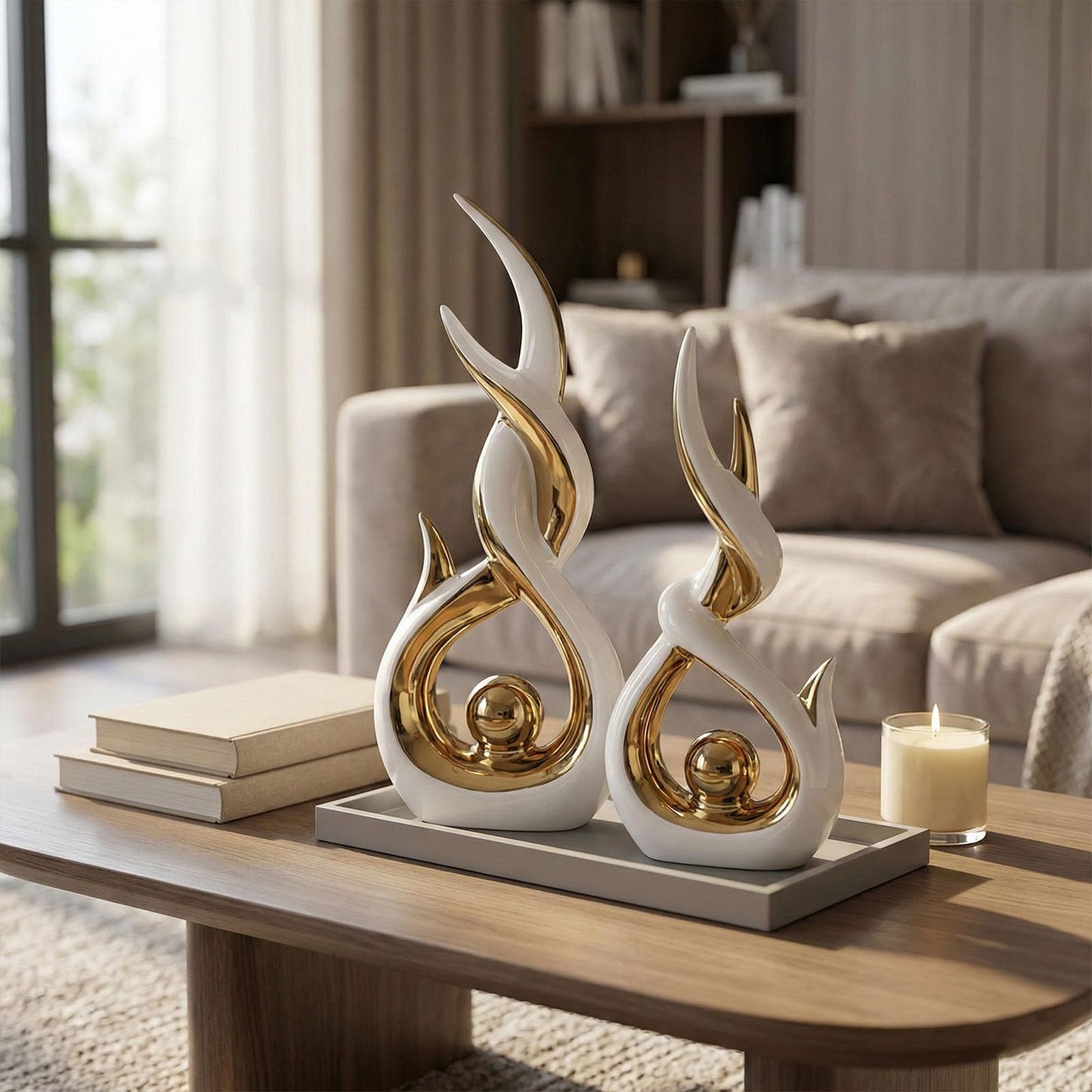 LCCCK White and Gold Abstract Ceramic Sculpture Set of 2 Modern Electroplated Figurines Decorative Statues for Living Room Shelf Mantel Tabletop Home Decor Housewarming Gift