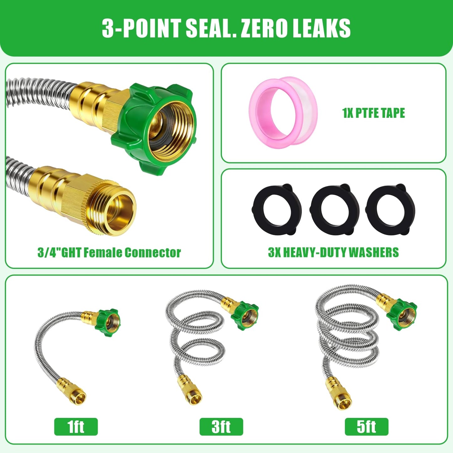 EXJEXJ Short Garden Hose Connector 5FT, Metal Hose Connector for Hose Reel,304 Stainless Steel Male to Female Leader Garden Hose for Hose Reel