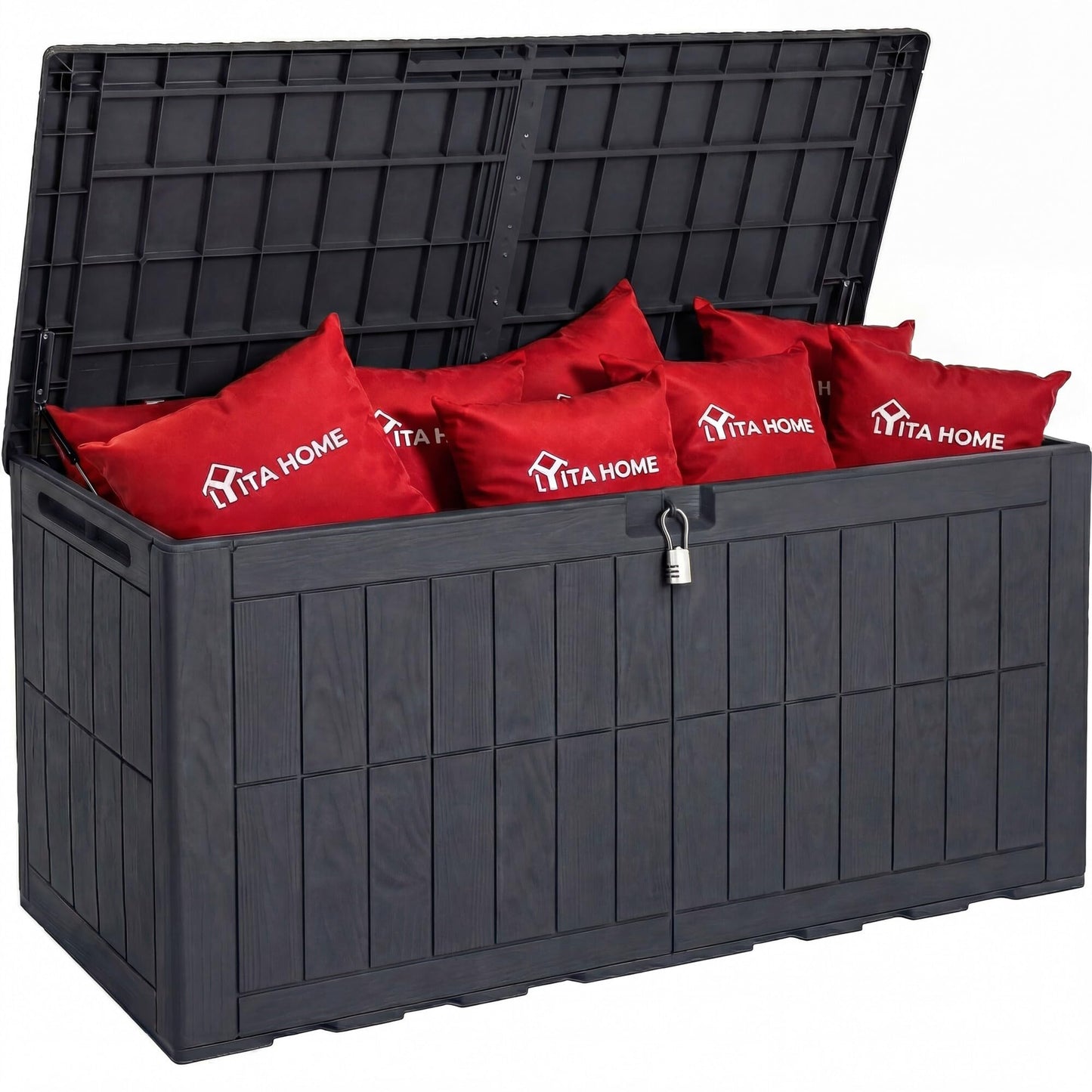 YITAHOME 134 Gallon Large Deck Box, Waterproof Resin Outdoor Storage Box with Lock, Doubles as 2-Person Bench Seating for Patio Furniture Cushions,Garden Tools & Pool Accessories, Dark Gray