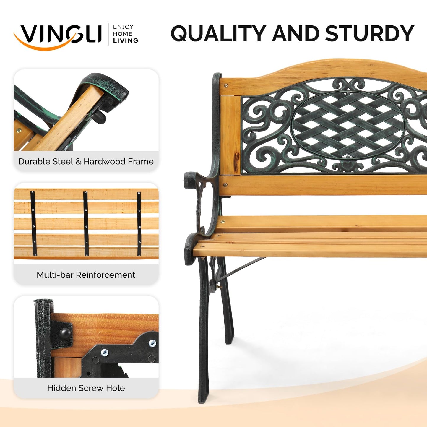 VINGLI Classic Cast Iron & Teak Arched Back Rectangular Outdoor Bench, 3-Seater, 470 lbs Capacity, Easy Assembly, Weather Resistant, 49.5" W x 20.5" D x 29" H