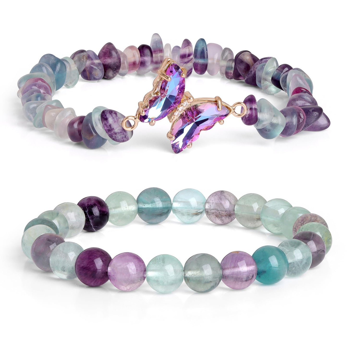 GolbalJew Fluorite Stone Bracelet for Women Healing Crystal Stone Bracelets Green Gemstone Beads Stretch Bracelet Butterfly Charms Jewelry Women Gift