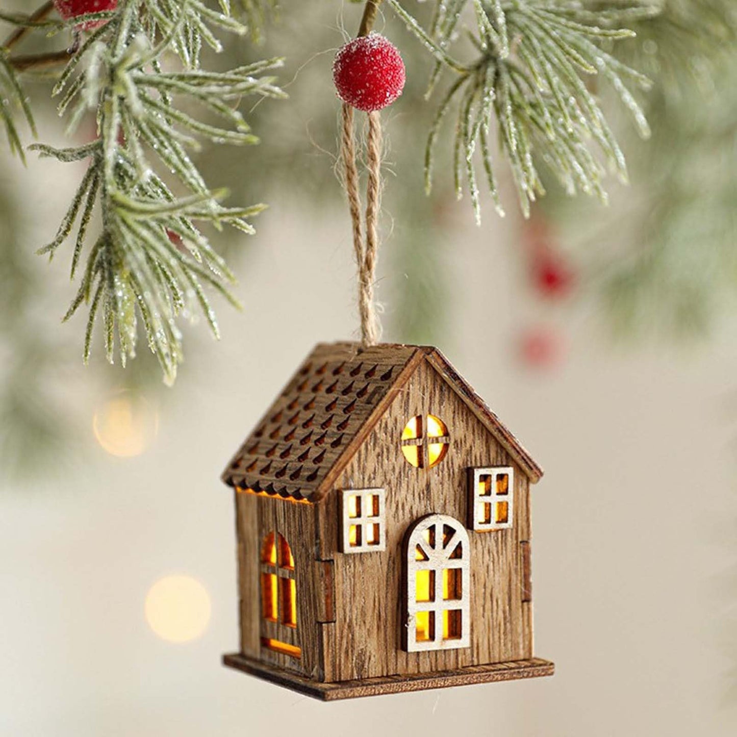 Wooden House Christmas Ornament, Hanging Farmhouse Christmas Tree Decoration Ornaments