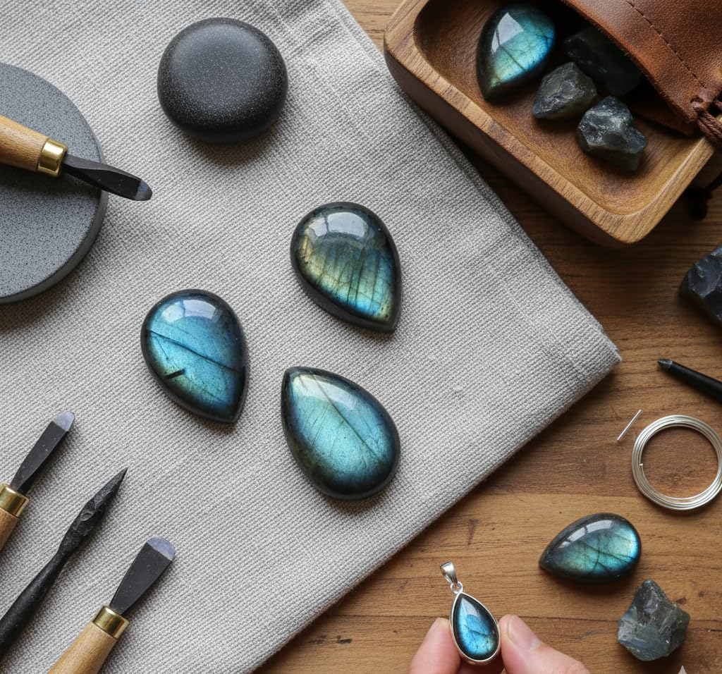 Myhealingworld Natural Calibrated 10x14mm Pear Shape Blue Fire Labradorite Cabochon Loose Gemstone 3pcs box. For Healing Wellness and Jewelry Making.