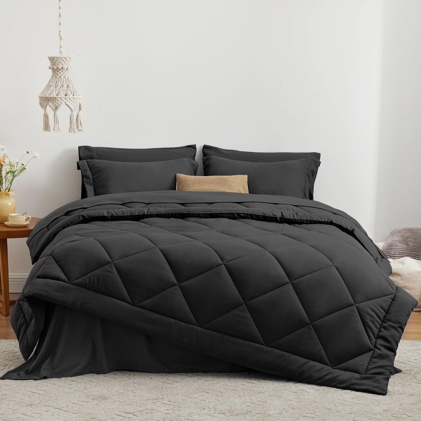 Love's cabin Full Comforter Set Black, 7 Pieces Full Bed in a Bag, All Season Bedding Sets with 1 Comforter, 1 Flat Sheet, 1 Fitted Sheet, 2 Pillowcase and 2 Pillow Sham
