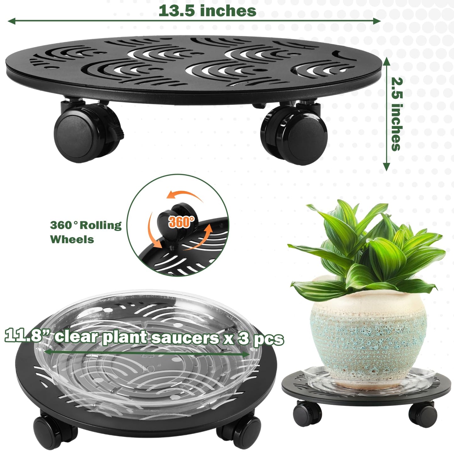 DEELF OUTLET 3 Packs 13.5" Large Metal Plant Caddy with Wheels Heavy-Duty Plant Dolly Pot Mover Rollers Rolling Plant Stands Indoor Outdoor Wheeled Plant Holder Coaster Trolley