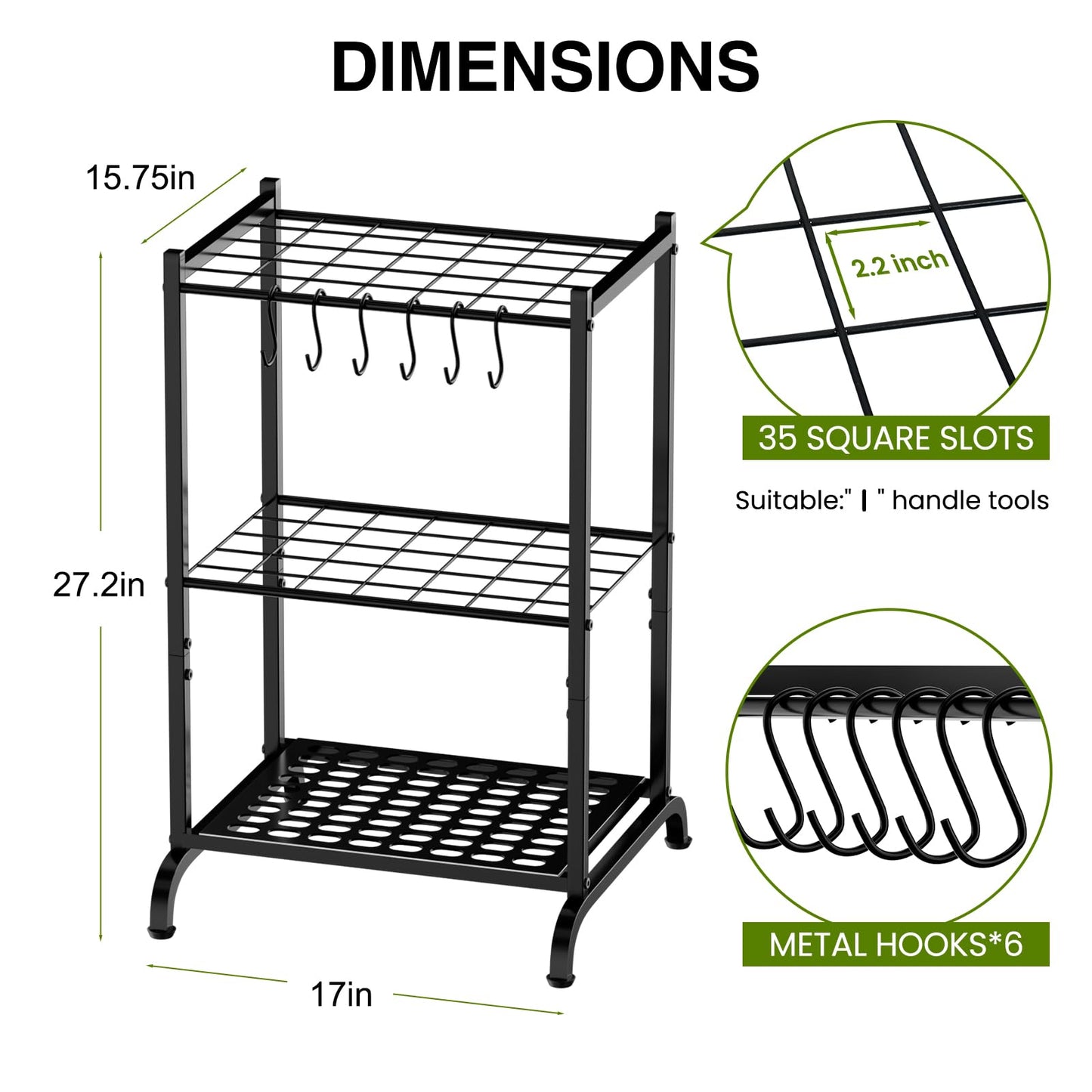 RANXFLOAT Garden Tool Organizer with Storage Hooks, Yard Tool Tower Rack for Garage Organization and Storage, Up to 35 Long-Handled Tools, Metal Tool Holder with 6 Hooks, Black