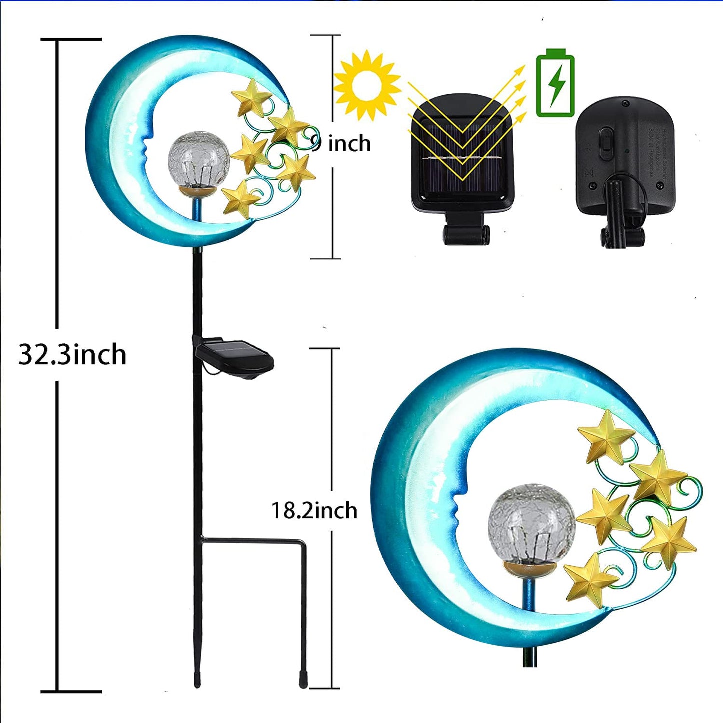 EPROSMIN Stars Moon Solar Lights Outdoor - Solar Powered Garden Lights Decorative Crackle Glass Globe Led Waterproof Landscape Lighting for Pathway,Yard,Lawn,Patio