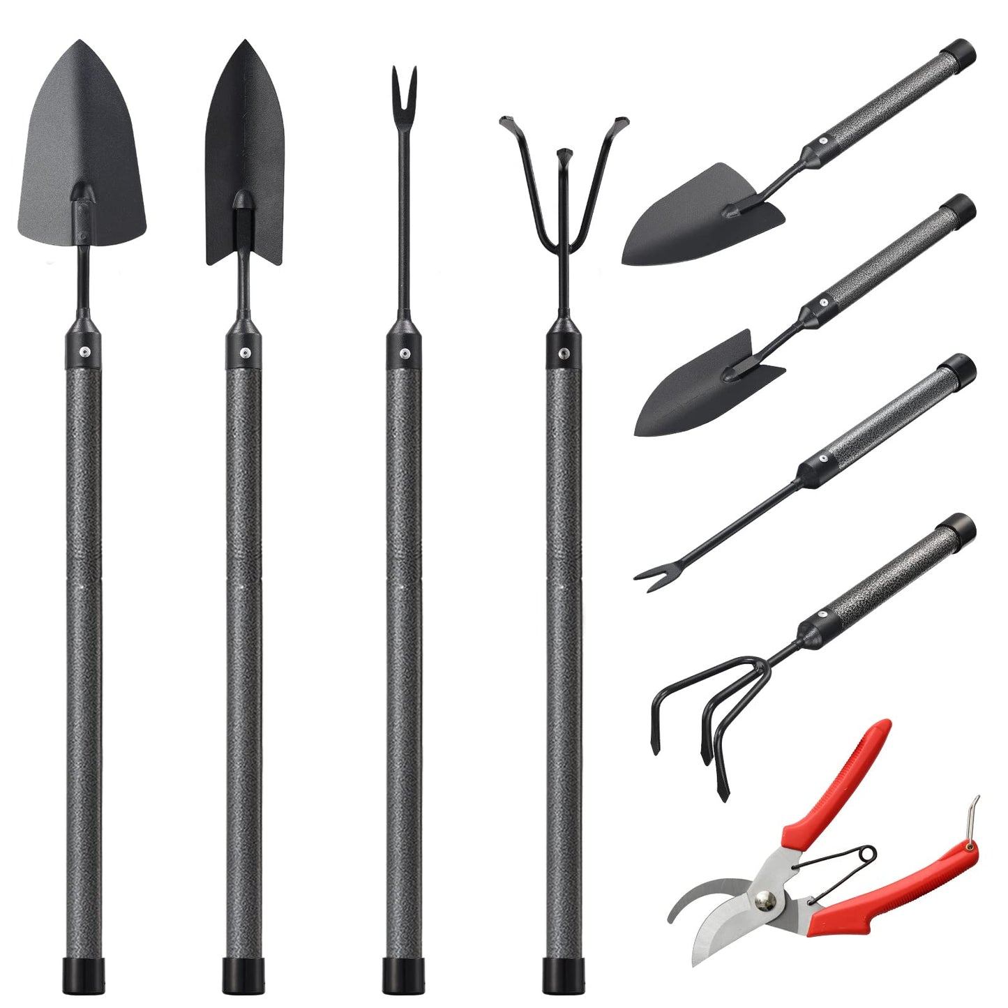 Garden Tool Set, 5-Piece Heavy Duty Gardening Tools Kit with Extendable Handle, Metal Trowel, Cultivator, Weeder, Pruner, Back-Saving Grips for Yard Raised Bed, Rust-Proof, Gift for Women, Men, Kids