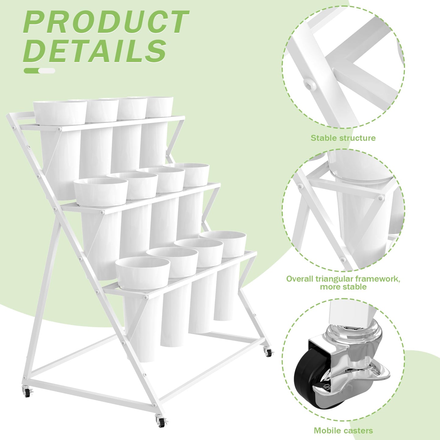 VGMiu Flower Display Stand with 12 Buckets, White Flower Cart with Wheels 3 Layers Metal Flower Bar Stand Moving Flower Stand Florist Bouquet Shelf for Weddings Party Ceremony Indoor Outdoor Garden