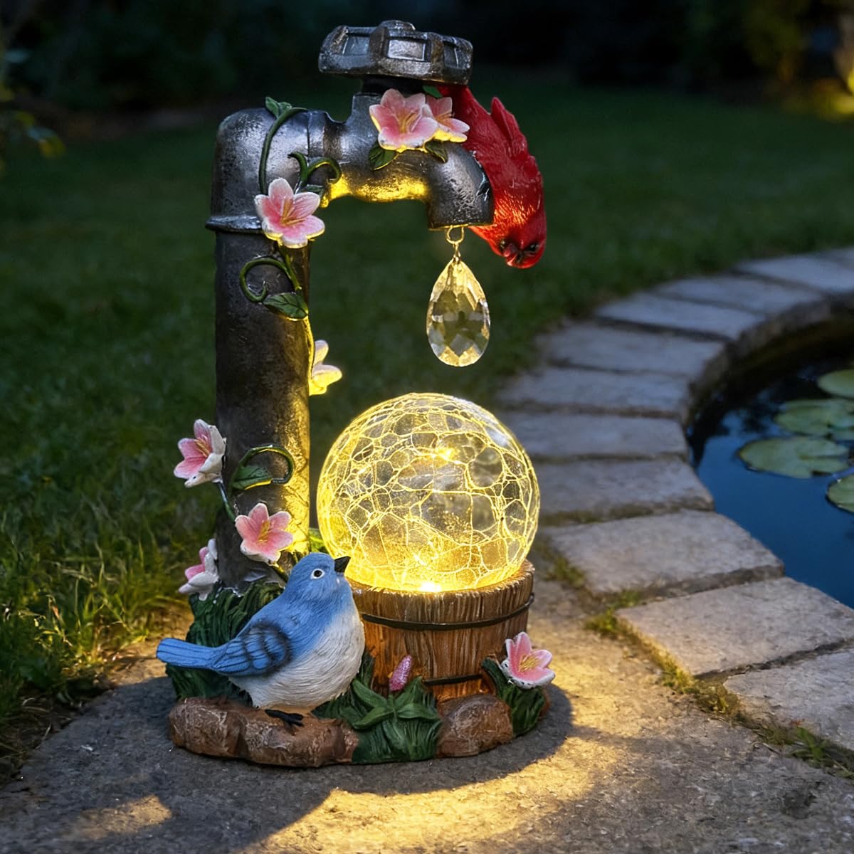 ZYLiWoo Solar Cardinal Garden Statue Decoration, Water Faucet and Solar Light Glass Ball, Outdoor Resin Garden Statue, Cardinal Gift, Women's Mother's Birthday Gift, Size 9.45 inches