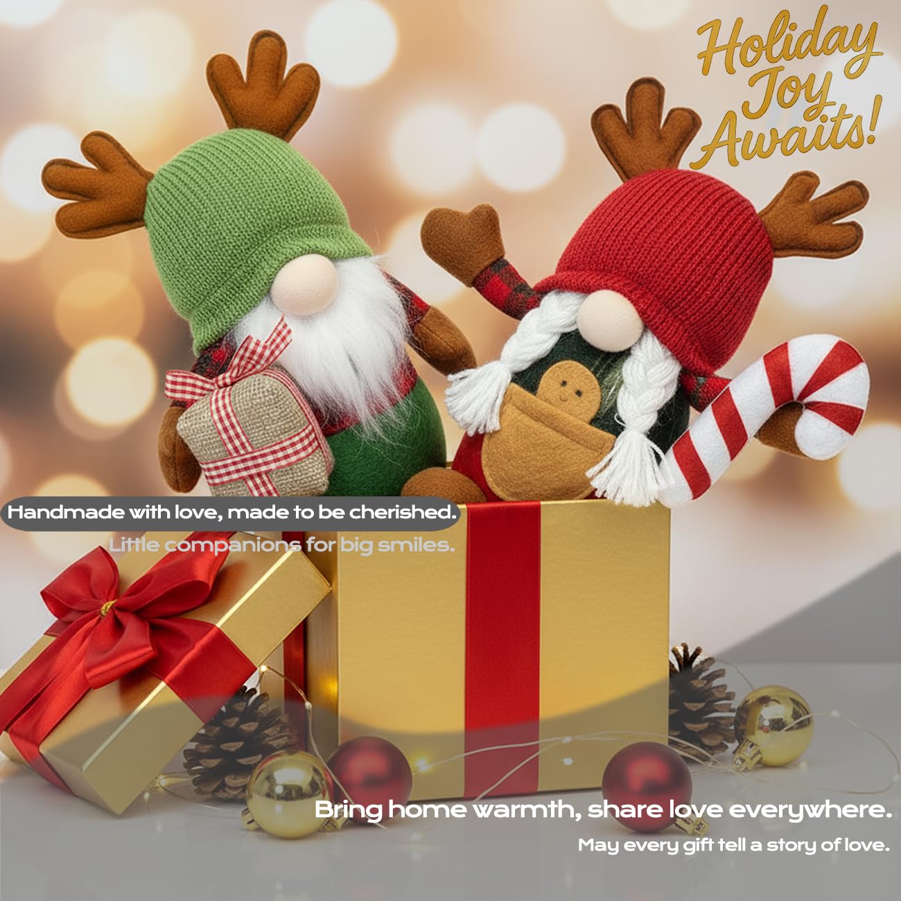 YOMEIA 2PCS Christmas Gnomes Plush Decorations, Set of 2 – Scandinavian Tomte Elf Gnomes with Gift & Candy Cane, Swedish Nordic Holiday Home Decor for Xmas