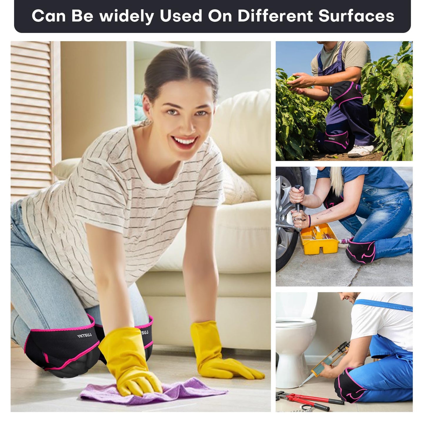 YKTSUJ Knee Pad Women Men for Gardening House Working, Floor and Carpet Cleaning, Construction Work, Cleaning Knee Pads With High Elastic Fabric Black with Pink Edge M
