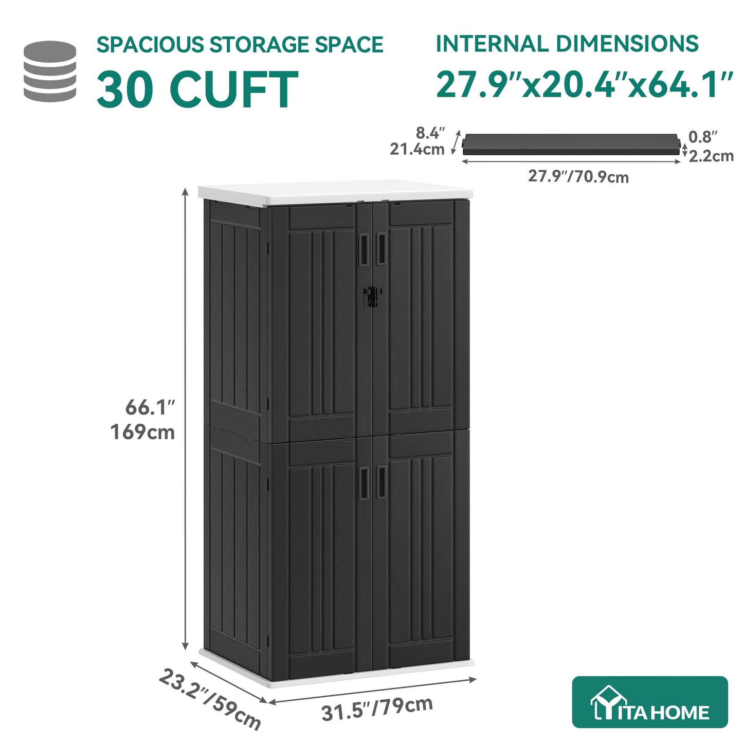 YITAHOME Outdoor Tall Storage Cabinet with 4 Shelves, Waterproof Resin Vertical Tool Shed, Lockable 30 cu. ft. Storage Shed for Patio, Garden, Yard, Dark Gray