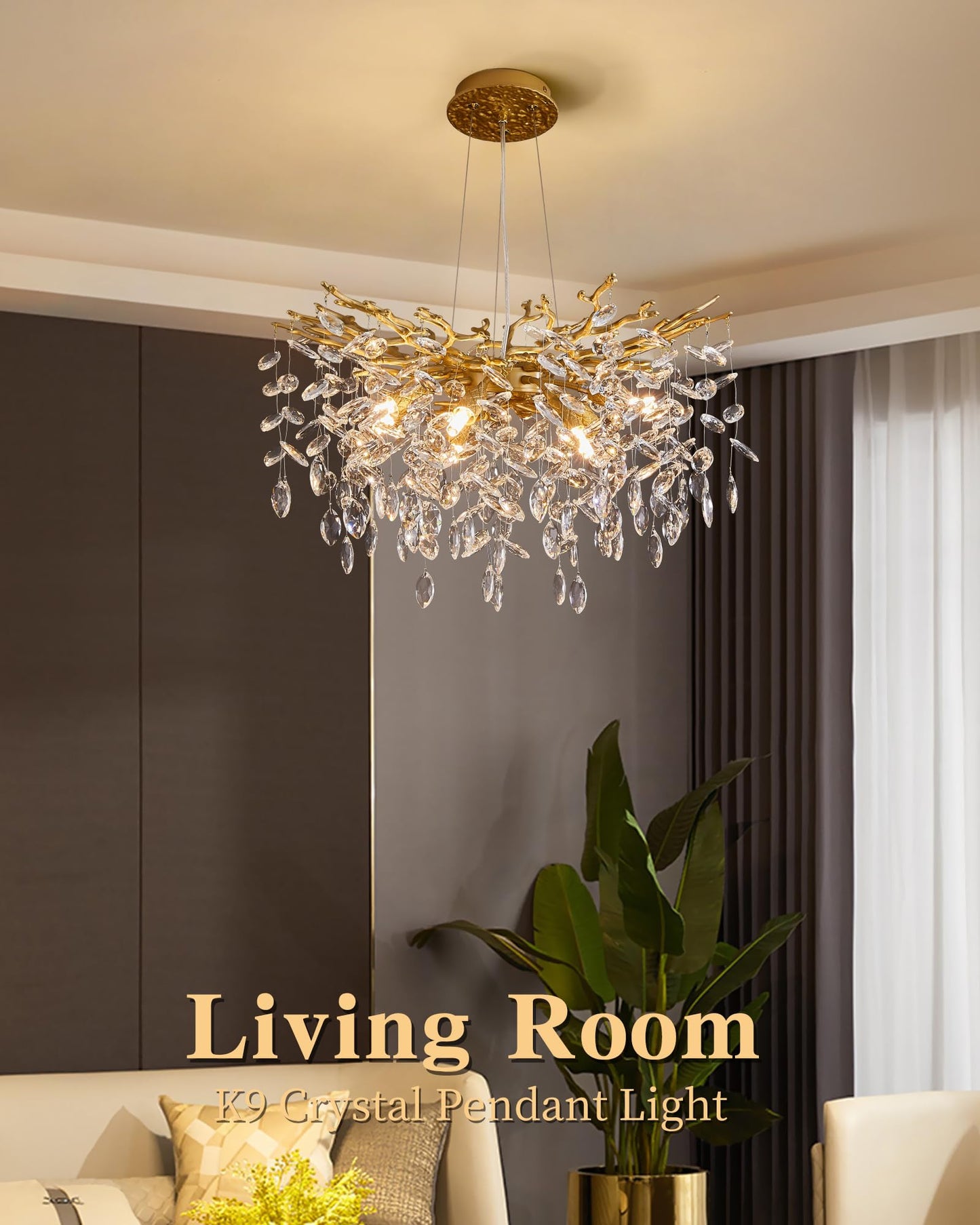 witkey Modern Tree Branch Crystal Chandelier Luxury Gold Crystal Pendant Lighting 23.6" Contemporary 8-Light Chandeliers for Dining Room Kitchen Bedroom Living Room