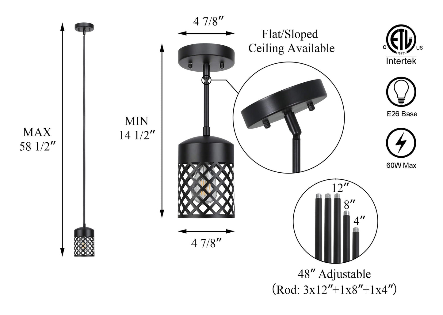 XiNBEi Lighting Black Pendant Lights Kitchen Island, Farmhouse Mini Pendant Light Metal Cage Adjustable Hanging Lighting for Kitchen Dining Room Bathroom XB-P328-MB