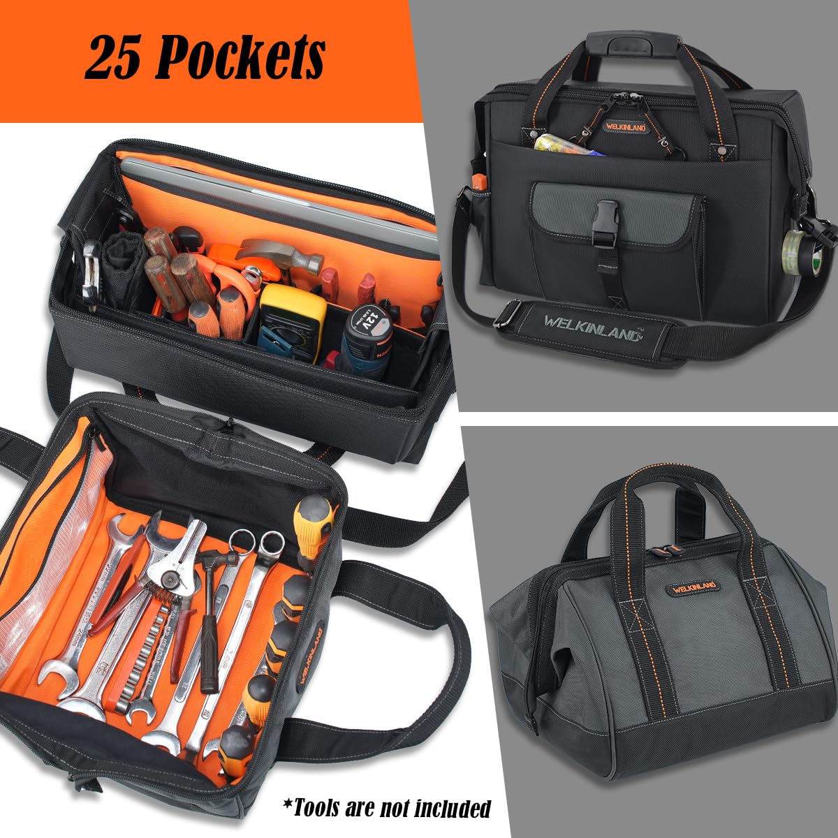 WELKINLAND 25-Pocket Electrician Tool Bag & Small Tool Bag Set, Wide-Opening Technician Tool Bags, Tools Bag W/ 13'' Laptop Compartment, Stay-Up Travel Tech Tools Bag, HVAC Service Tech Tool Bags