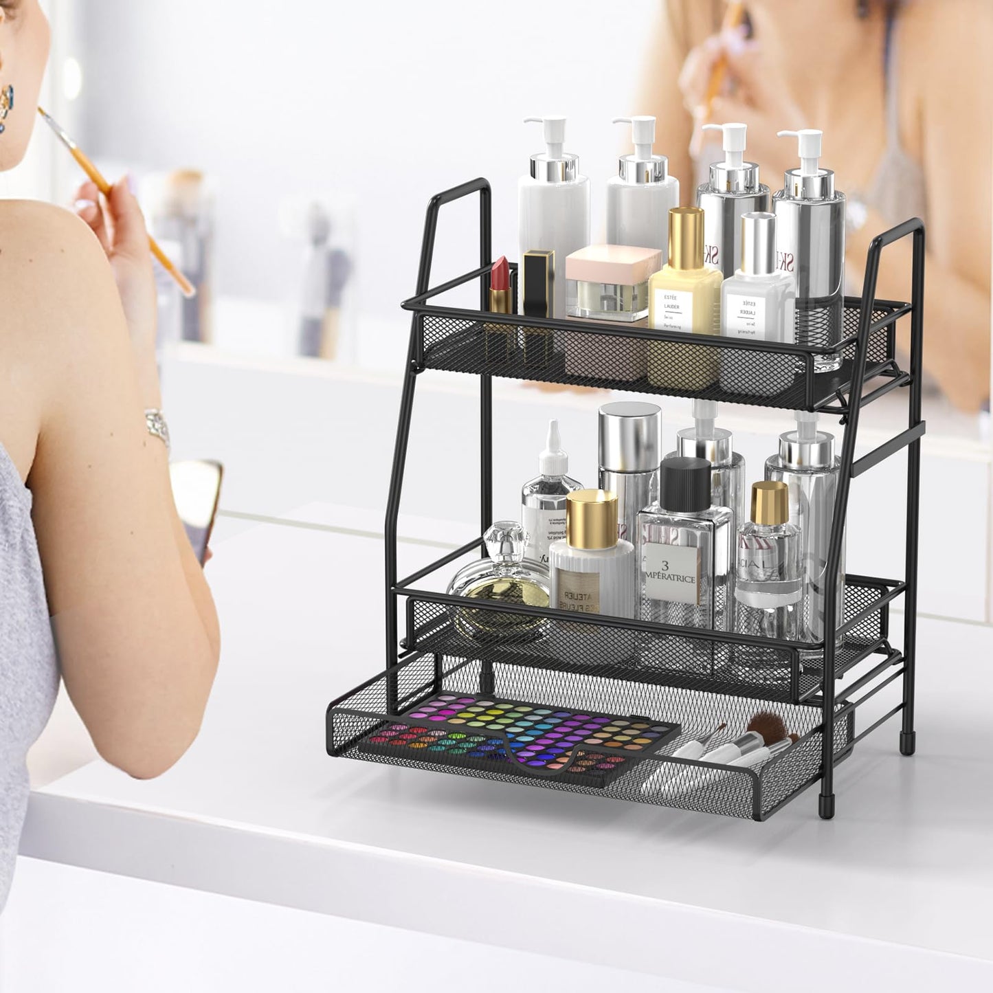 2-Tier Bathroom Counter Organizer with Drawer, Bathroom and Makeup Organizer Countertop, Easy to Install, Ideal for Bathroom organizer, Vanity, Large Skincare, Perfume, Present, and More,Black