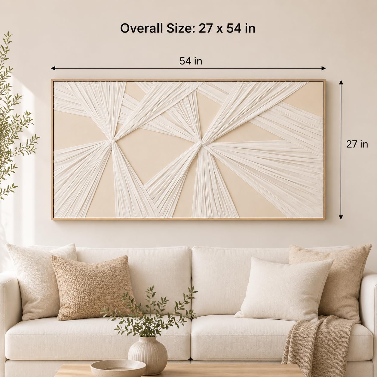 Artists' Handicraft, Extra Large Luxury 3D Fabric Neutral Textured Wall Art, Minimalist Abstract Boho Modern Long Beige Painting Wall Decor for Living Room Bedroom Hallway Office, Horizontal, 54x27 Inces