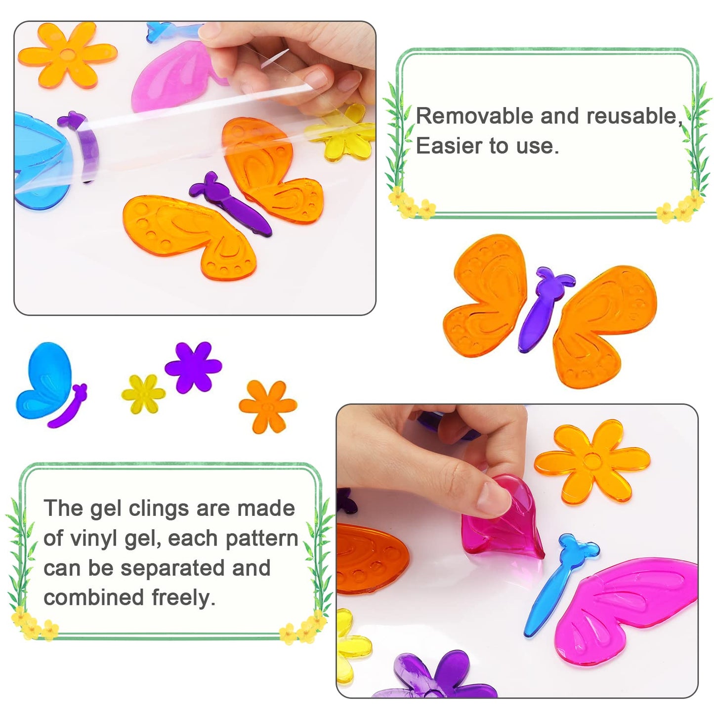 Whaline 7 Sheets Spring Window Gel Clings Flowers Butterflies Bee Beetle Bird Double Side Window Jelly Stickers Decals Decorations for Refrigerators Bedroom Home Office School Holiday Party Gift