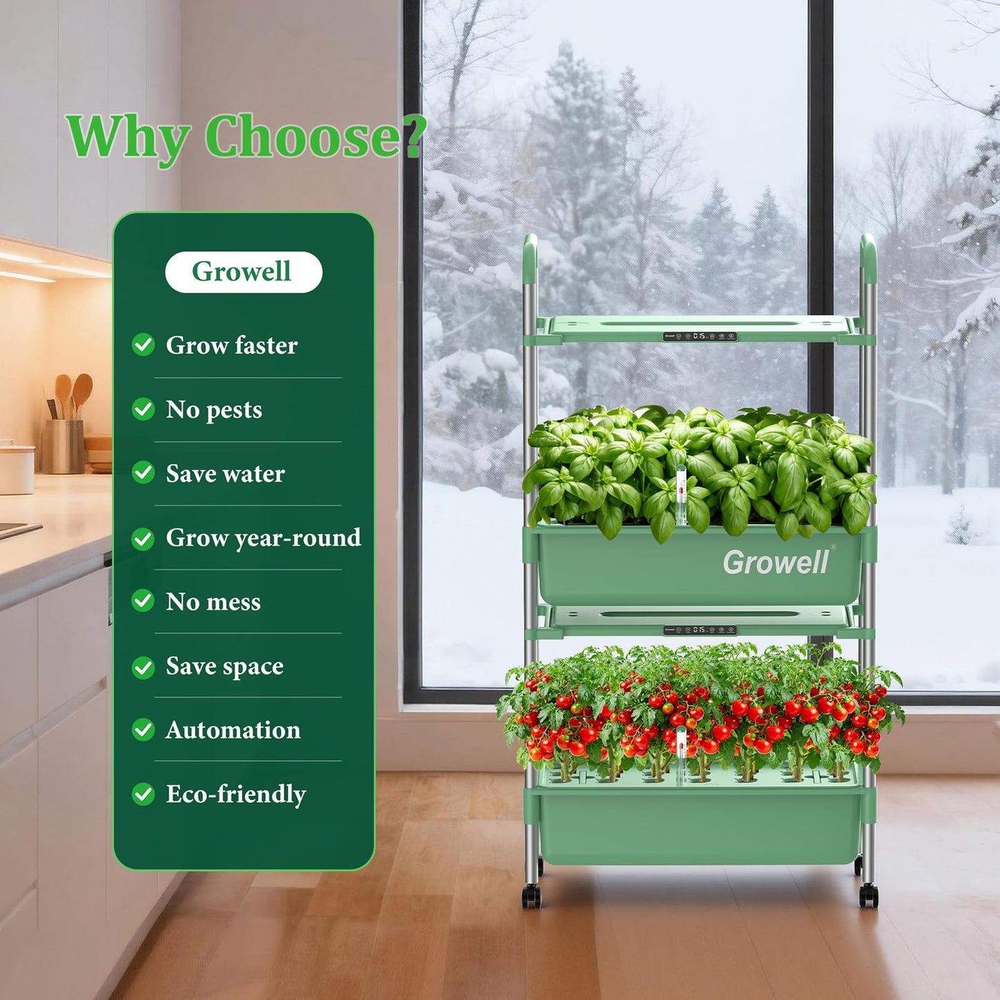 Growell Hydroponics Growing System Kit, 54 Pods Vertical Indoor Herb Garden with Smart LED Grow Light, Auto Circulating Water Pump Each Tier, 28L Hydroponic Gardening Systems for Ideal Gifts (Green)