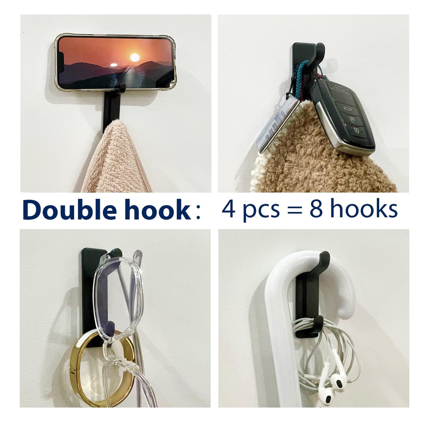 pickpiff Wall Hooks for Coat and Towel: 13LB Strong Adhesive Door Hanger Stick on, Black 4 Pack