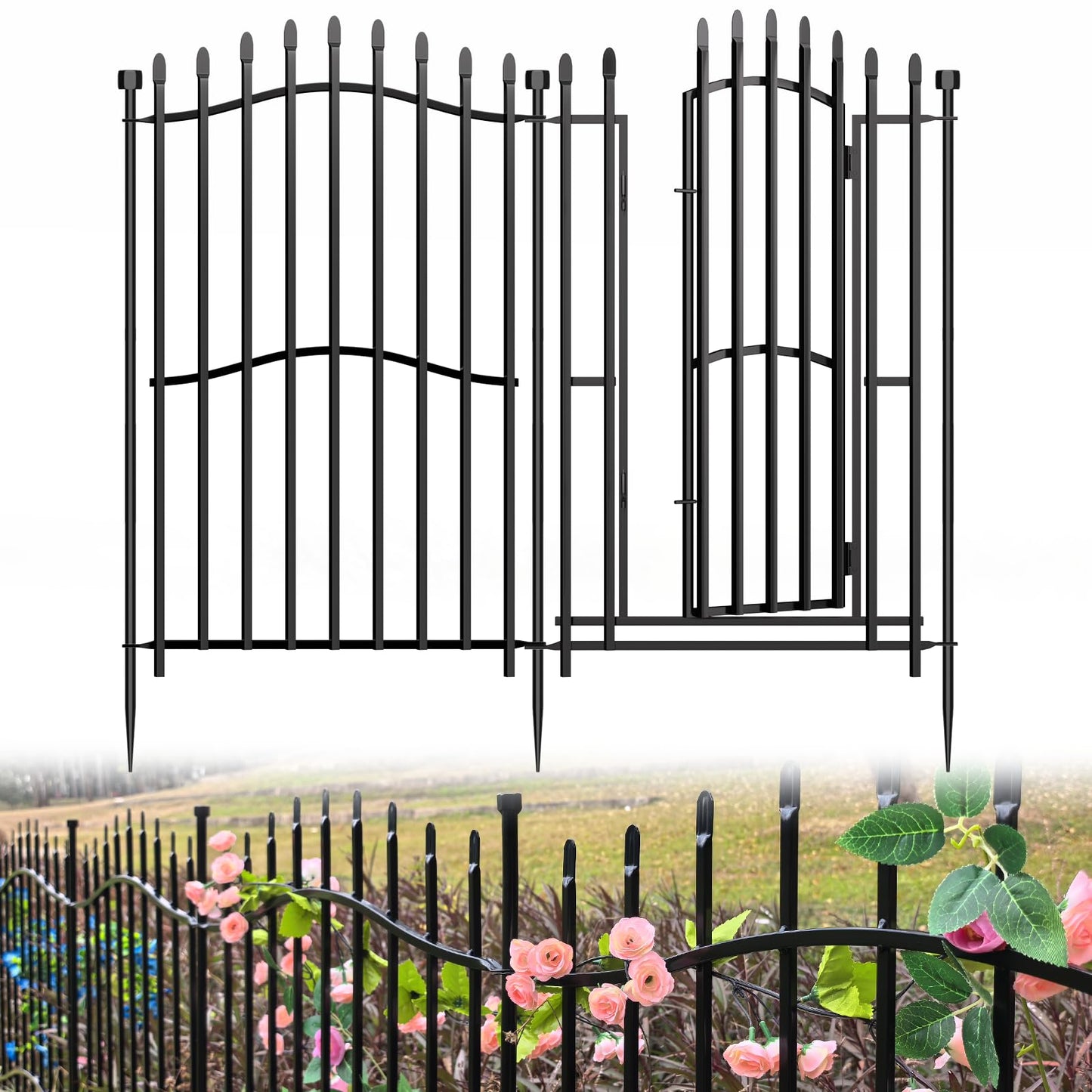 10 Panels No Dig Decorative Garden Fence with Gate - 40in H x 22.5ft L, Duty Square-Tall Heavy Duty Square Tube Animal Barrier, Rustproof Dog Fence for Outdoor Yard & Patio Protection
