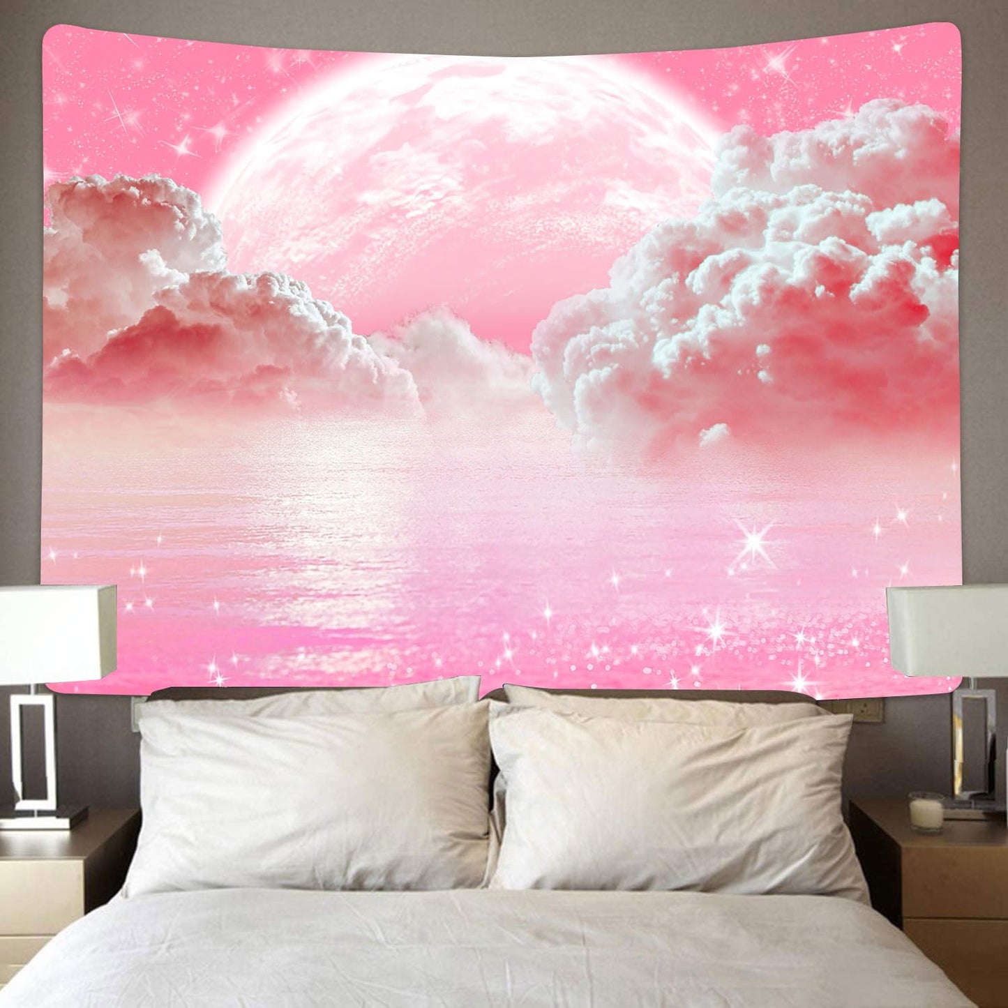 Pink Clouds Sky Tapestry Ocean Moon Stars Nature Landscape Tapestry Fantasy White Cloud Aesthetic Tapestries Wall Hanging for Girls Women Nursery Bedroom Living Room Bedroom Dorm 60X40Inch