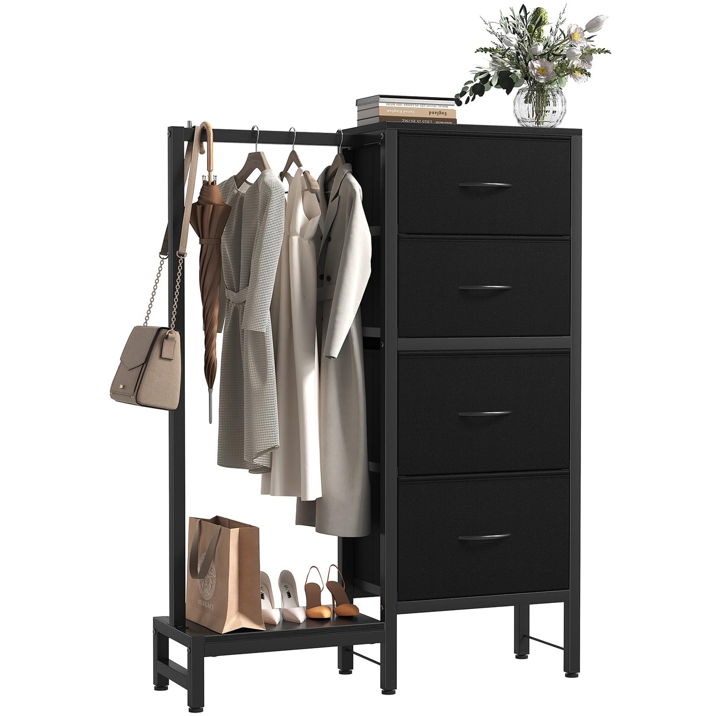 OLIXIS 4 in 1 Storage with Hanging Rack, Clothes Rack Shoes Rack, Bag Hook, Tall Storage Tower, Sturdy Frame for Bedroom Entryway Living Room Black