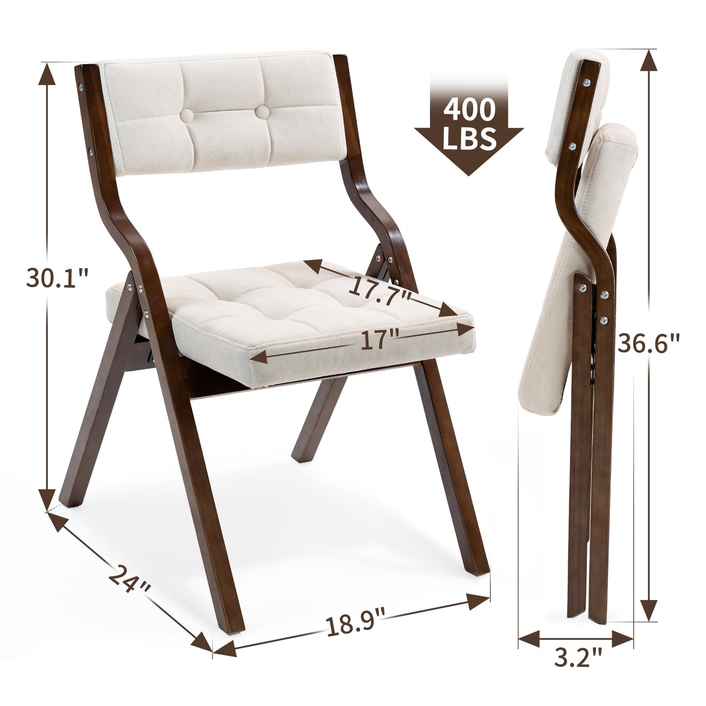 HOMEFUN Folding Chairs with Cushion, Wooden Padded Foldable Chair 2 Pack, Portable and Assembled Seat for Guests Kitchen Office Wedding and Party, Camel