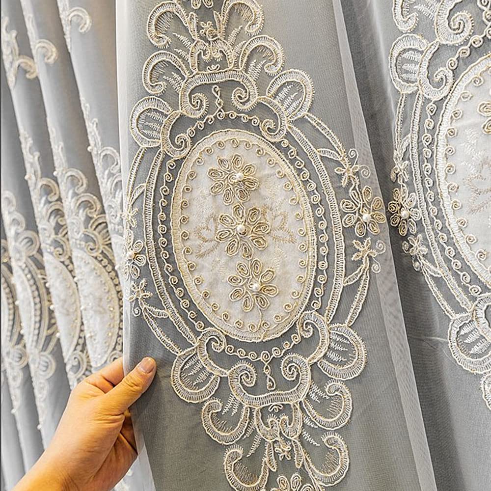 Amidoudou 1 Pair Luxury 3D Flower Embroidered Curtains for Bedroom European Double Layer Curtains with Valances for Living Room (Grey,52x84 Inch)