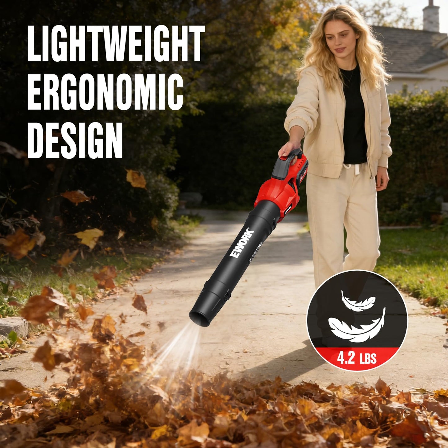 EWORK 20V Cordless Leaf Blower, Heavy Duty 700CFM 200MPH Electric Leaf Blower with 2 x 4.0Ah Batteries & Fast Charger, 2-Speed Adjustable for Patio, Garden, Yard and Snow Blowing